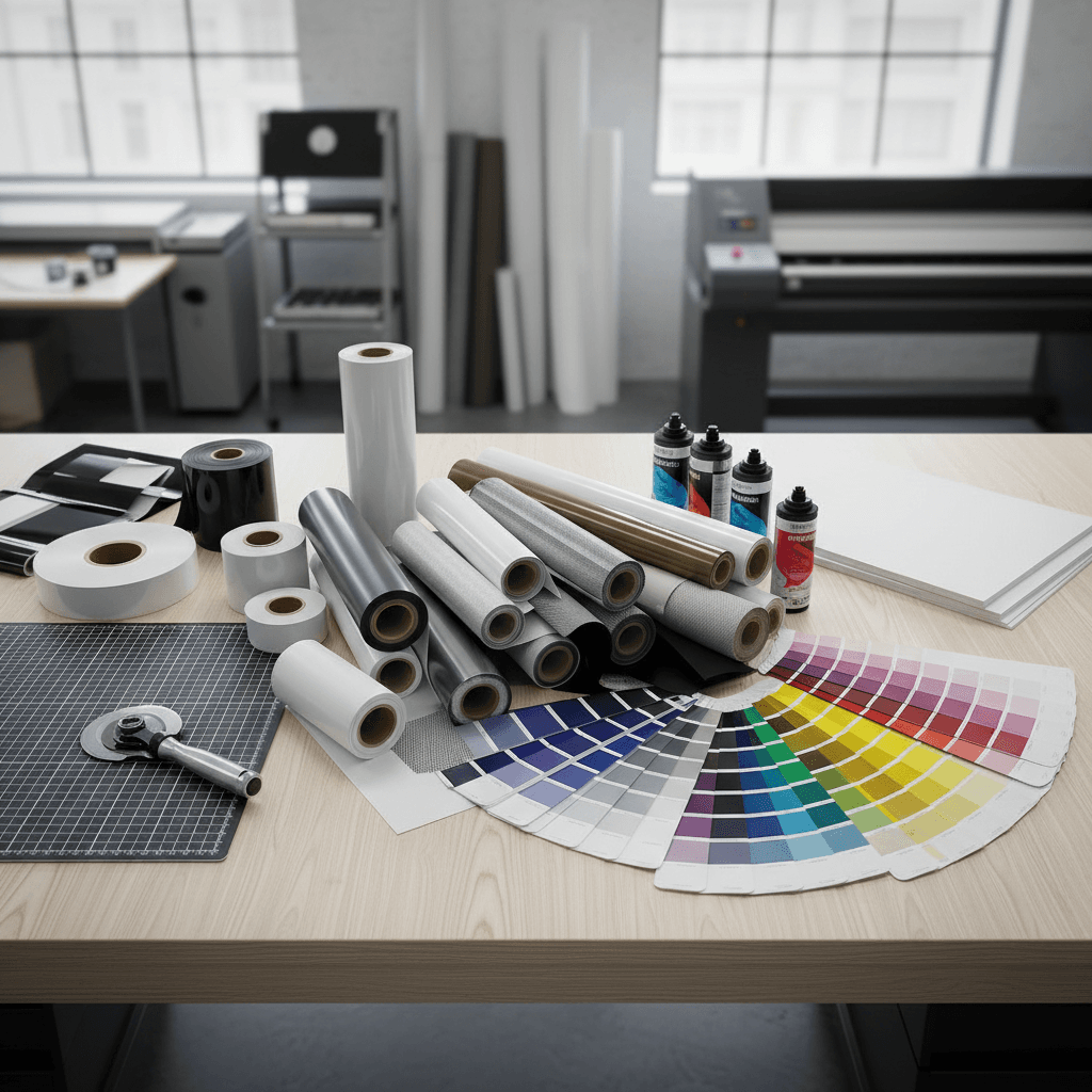 Adhesive banner material samples and printing process